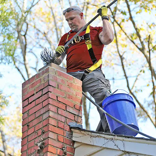 Technician sweeping a chimney